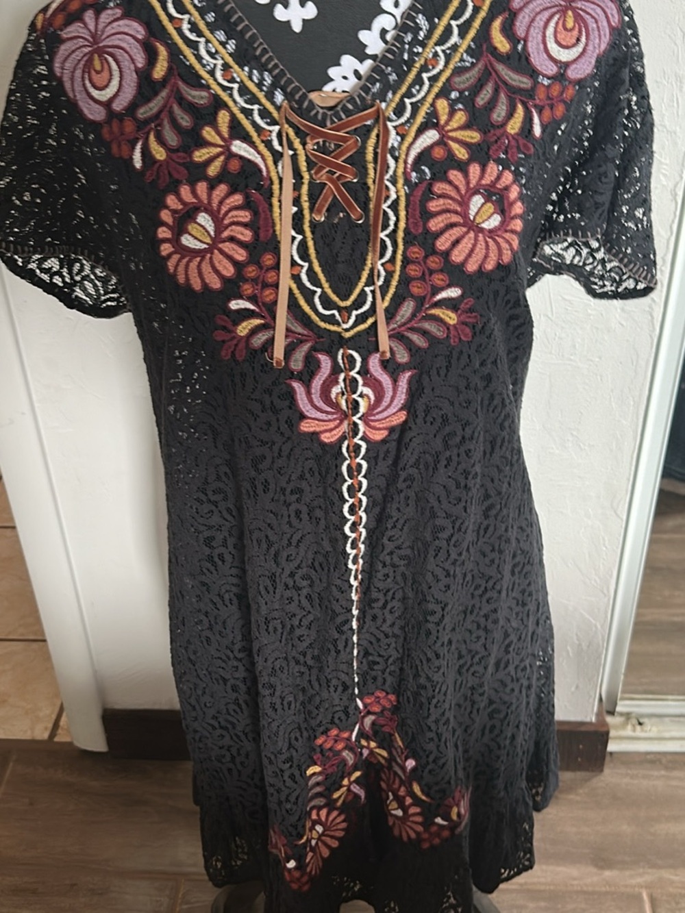 Double D Ranch size medium  Black Lace dress with Floral Embroidery